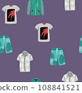 Seamless pattern for print on fabric. Set home sweet clothes. In one color. Clothing icon for sleep, sports and home. T-shirt, sleep mask, clothespin, hanger, socks, underpants, shorts. Blue. Eps 10 108841521