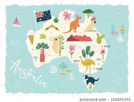 Colorful illustrated hand drawn map of Australia with famous symbols and animals 108841591