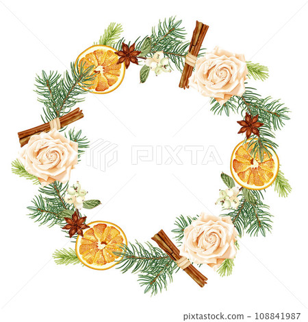 Christmas wreath, frame with dried orange, fir tree, cinnamon, anise and snowberry. Aroma decoration. Christmas wreath, frame with dried orange, fir tree, cinnamon, anise and snowberry. Aroma decoration. 108841987