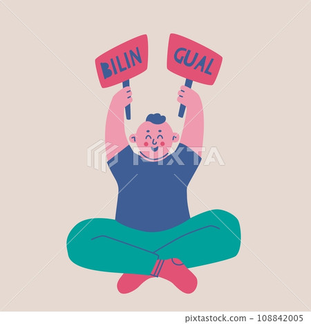 Happy cute boy holding signs above his head. Bilingual or multilingual child. Vector isolated illustration. 108842005