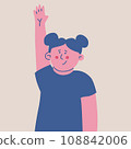 Cute little girl with raised hand. Kid pulls his hand up. Minimalist child character. Vector isolated illustration. 108842006