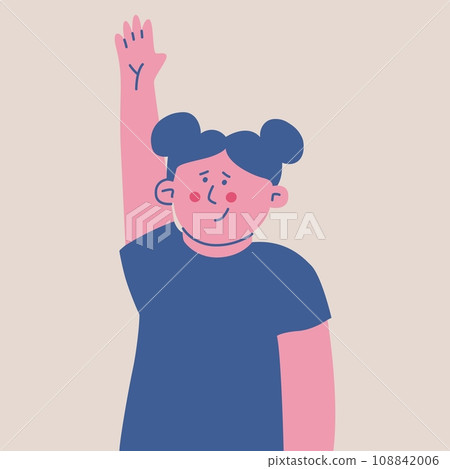 Cute little girl with raised hand. Kid pulls his hand up. Minimalist child character. Vector isolated illustration. 108842006