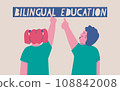Boy and girl point with fingers at the inscription bilingual education. Vector isolated illustration. 108842008