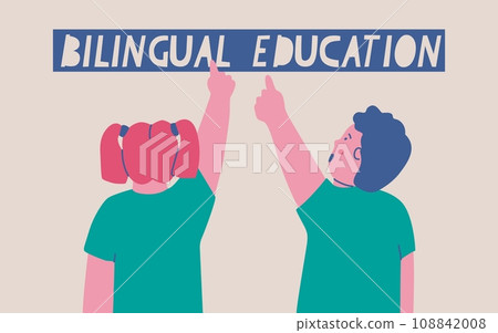 Boy and girl point with fingers at the inscription bilingual education. Vector isolated illustration. Boy and girl point with fingers at the inscription bilingual education. Vector isolated illustration. 108842008
