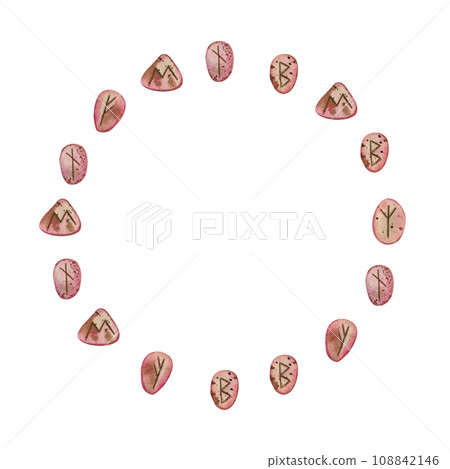 Watercolor illustration. Runes on pink stones arranged in a circle, painted in watercolor on a white background. Suitable for printing on fabric, paper, scrapbooking, yoga and design. Watercolor illustration. Runes on pink stones arranged in a circle, painted in watercolor on a white background. Suitable for printing on fabric, paper, scrapbooking, yoga and design. 108842146