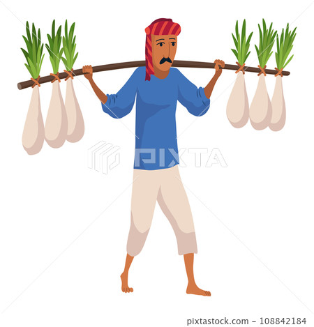 Indian farmer in traditional clothes. Rural man collect or harvesting. Rural business and village concept. Village rural character worker. Isolated vector illustration Indian farmer in traditional clothes. Rural man collect or harvesting. Rural business and village concept. Village rural character worker. Isolated vector illustration 108842184