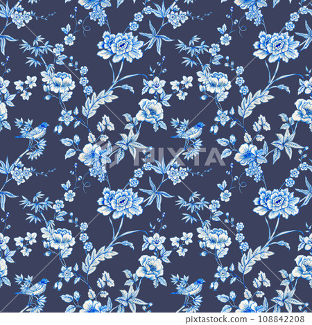Beautiful floral seamless pattern with hand drawn watercolor wild blue and white herbs and flowers. Stock illustration. 108842208
