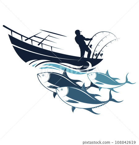 Fisherman in a spinning boat and a flock of tuna Fisherman in a spinning boat and a flock of tuna 108842619