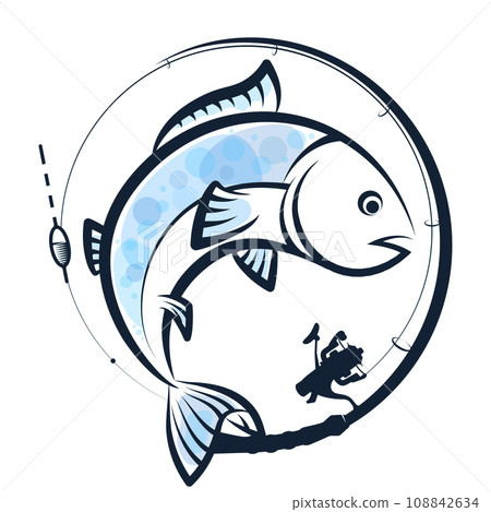 Fishing rod with tackle and fish, design for fishing 108842634