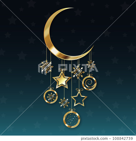 Golden crescent moon with hanging Christmas tree decorations 108842739