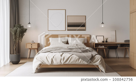 Simple minimalist modern bedroom cozy comfortable and elegant for house and apartment, good interior. 108842756