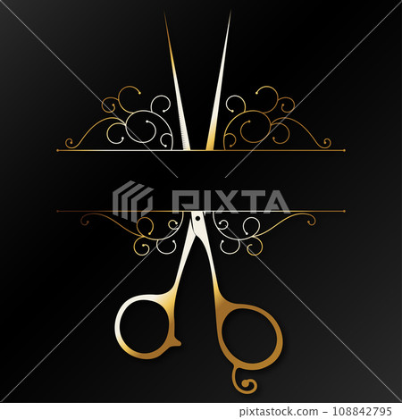 Golden scissors with frame and pattern 108842795