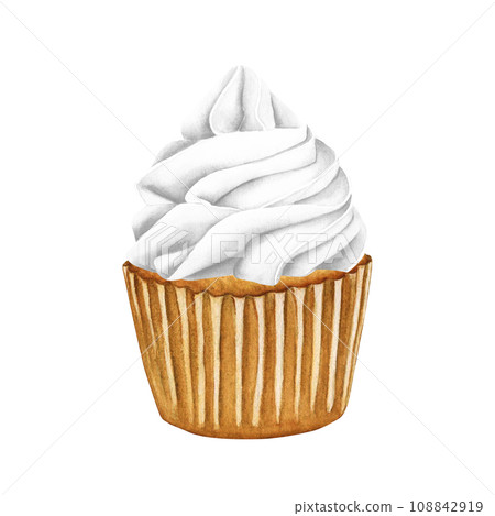 Sweets vanilla cupcake with white cream. Watercolor illustration Valentine's Day or birthday dessert 108842919
