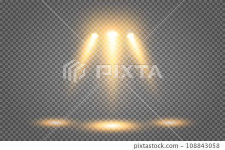 Lighting of the stage with three yellow beams of spotlights on a transparent background. Lighting of the stage with three yellow beams of spotlights on a transparent background. 108843058