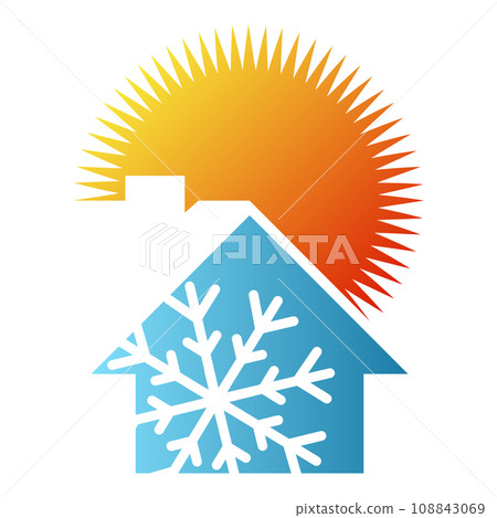 House silhouette sun and snowflake, home air conditioning House silhouette sun and snowflake, home air conditioning 108843069