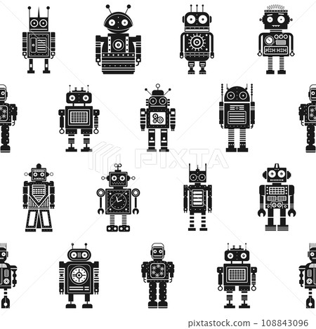 Retro Tin Robots Black and White Pattern Retro Tin Robots Black and White Pattern 108843096