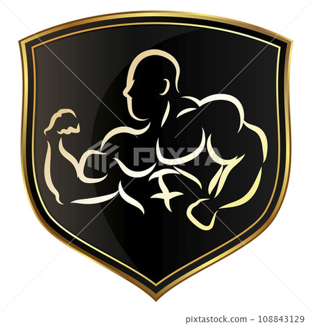 Man with muscles silhouette on golden shield Man with muscles silhouette on golden shield 108843129