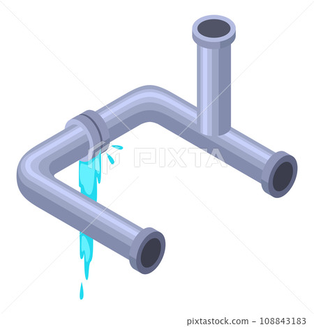 Leaking pipes isometric. Broken pipe tube with leaking water. Plumbing construction pipeline with damage element. 3d industrial water system 108843183