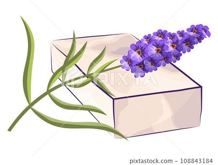 Lavender soap bar with lavender flower. Handmade natural soap. Fragrant herb for cosmetics and skincare. Herbal bodycare promote. Aromatherapy and skin hygiene, eco herbal cosmetics for bath 108843184