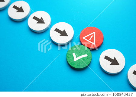 Continue or decline the offer. Make a choice. Choosing a further path, alternative options. Success or failure depends on choice. 108843437