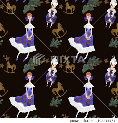 Princess, doll and fir branches. Seamless watercolor pattern for New Year and Christmas wrapping paper. Vintage style gifts for children under the Christmas tree. Princess, doll and fir branches. Seamless watercolor pattern for New Year and Christmas wrapping paper. Vintage style gifts for children under the Christmas tree. 108843574