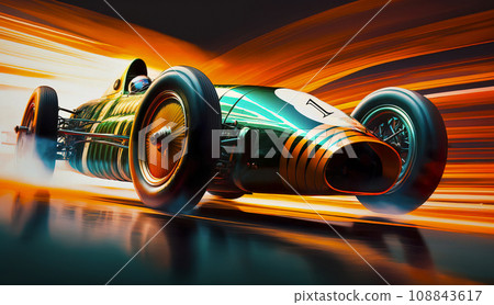 A vintage race car in full throttle, captured with speed lines emphasizing rapid motion 108843617