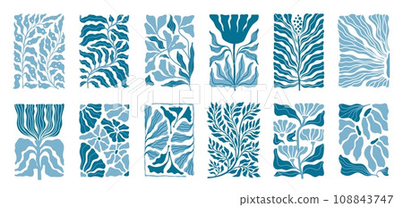 Matisse style flowers. Geometric plant pattern, abstract minimal modern collage, floral and nature trendy blue doodle. Vector illustration background Matisse style flowers. Geometric plant pattern, abstract minimal modern collage, floral and nature trendy blue doodle. Vector illustration background 108843747