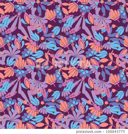 Modern colored seamless violet pattern with flowers and geometric elements. Purple, orange, pink colors. Vector illustration Modern colored seamless violet pattern with flowers and geometric elements. Purple, orange, pink colors. Vector illustration 108843775
