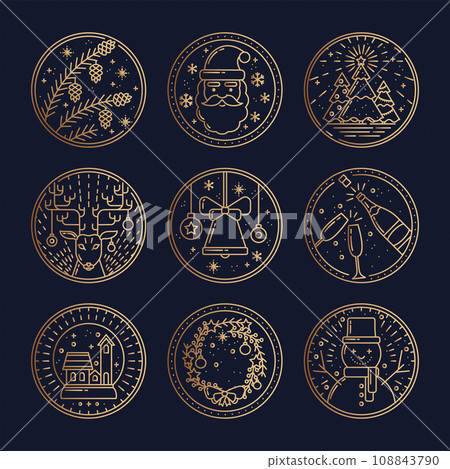 Christmas set of magic gold elements on a dark blue background with snowflakes and radiance. Pine cones, Santa Claus, Christmas trees, bell, champagne, wreath, snowman. Icons for packaging, invitation 108843790