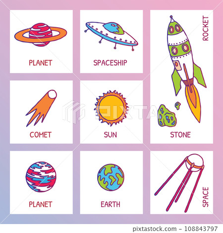 Set of galaxy cosmic elements astronaut, earth, satellite, comet, planet, sun, rocket and meteorite univerce vector cartoon illustration space cosmos on pink and violet background 108843797