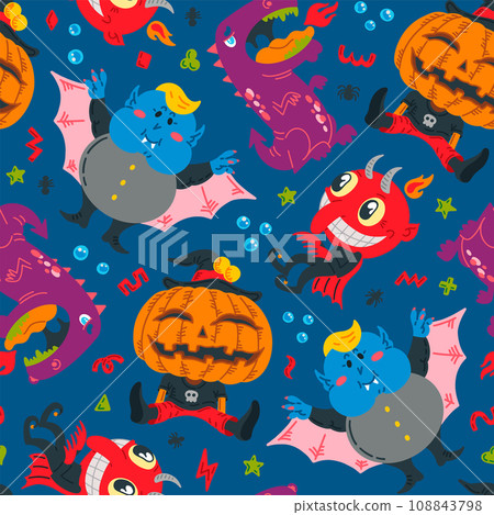 Halloween cartoon character seamless pattern. Hand-drawn vector illustration for background, wallpaper, fabric, paper. Vector illustration 108843798