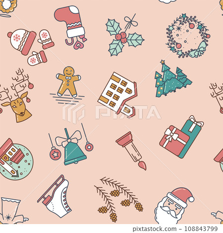 Christmas Seamless Pattern with Christmas Toys, Bell, Snow Globe, Mistletoe, Santa Claus, Wreath, Snow House, Deer, Hat and Mittens. For Invitations, Design, Greeting card and Newsletters. Vector 108843799