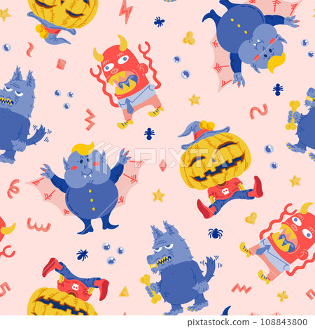 Halloween cartoon character seamless pattern. Hand-drawn vector illustration for background, wallpaper, fabric, paper. Vector illustration 108843800