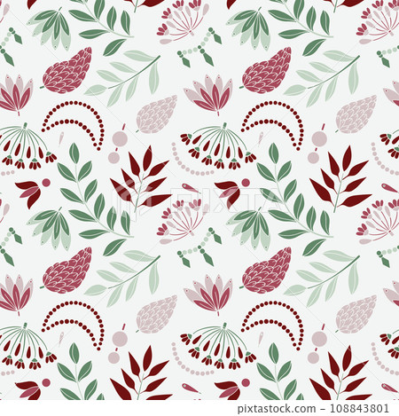 Modern colored seamless pastel pastel pattern with flowers and geometric elements. Light green, purple, red and grey colors. Vector illustration 108843801