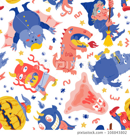 Halloween cartoon character seamless pattern. Hand-drawn vector illustration for background, wallpaper, fabric, paper. Vector illustration Halloween cartoon character seamless pattern. Hand-drawn vector illustration for background, wallpaper, fabric, paper. Vector illustration 108843802