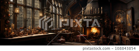 Christmas and New years eve Background. Feast of the Nativity. Beautifully decorated old house with a tree and presents at Christmas Christmas and New years eve Background. Feast of the Nativity. Beautifully decorated old house with a tree and presents at Christmas 108843854