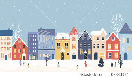 Winter town, festive decorated houses, falling snow and people walking. Christmas banner vector design. 108843985
