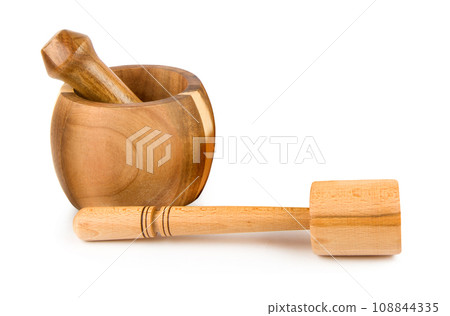 Wooden pestle and mortar isolated on white. Free space for text. 108844335
