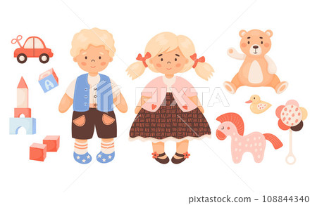 Children toys collection. Cute children girl with pigtails and blond boy, doll, plush toys, bear teddy, cubes, horse with duck and car. Vector illustration. Isolated kids items in cartoon style. Children toys collection. Cute children girl with pigtails and blond boy, doll, plush toys, bear teddy, cubes, horse with duck and car. Vector illustration. Isolated kids items in cartoon style. 108844340