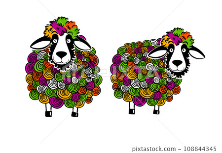 The colorful sheep is funny. hand drawing. Not AI, Vector illustration 108844345