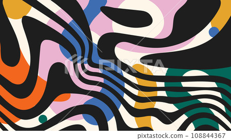 Abstract colorful background in trendy groovy style. Simple organic shapes and psychedelic wavy pattern. Contemporary doodle art backdrop. Hand drawn random figures, blobs, scribble 108844367