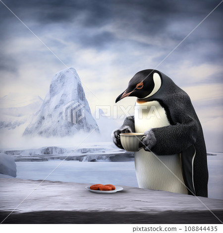 Cartoon cute Penguin with Cup on winter background. New year and Christmas illustration. Cartoon cute Penguin with Cup on winter background. New year and Christmas illustration. 108844435