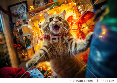 A cat left alone at home wreaks havoc in a room decorated for Christmas A cat left alone at home wreaks havoc in a room decorated for Christmas 108844486