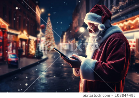Santa Claus uses a smartphone to order gifts and use GPS to find addresses Santa Claus uses a smartphone to order gifts and use GPS to find addresses 108844495