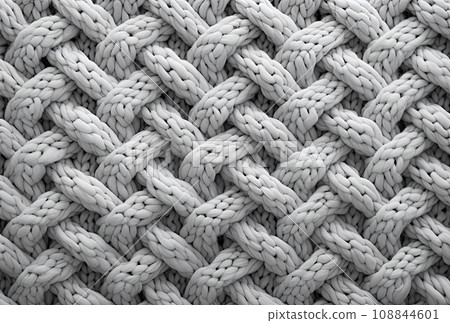 In the style of monochromatic palettes, grey knit fabric showcases intricate stitchwork, creating a visually appealing and textured pattern. In the style of monochromatic palettes, grey knit fabric showcases intricate stitchwork, creating a visually appealing and textured pattern. 108844601