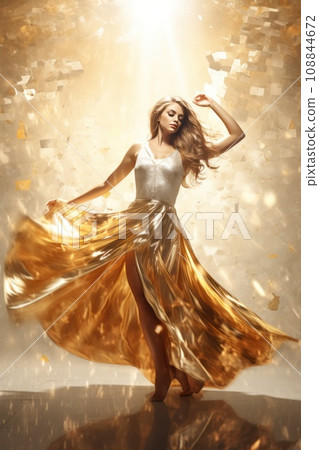 Woman in shiny dress. Fashion blonde model with straight shiny hair in glittering party gown 108844672