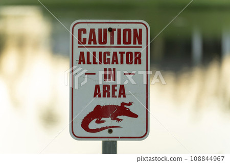 Warning sign about alligator in water in Florida park. Caution and safety during walking near waterfront Warning sign about alligator in water in Florida park. Caution and safety during walking near waterfront 108844967