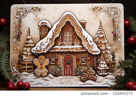 Winter Christmas card with a gingerbread man and a house Winter Christmas card with a gingerbread man and a house 108845275