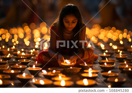 A beautiful Indian girl sitting around candles during Festival of Lights  108845280
