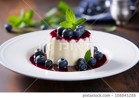Delicious Italian dessert Panna Cotta with berry sauce, fresh berries and mint 108845288